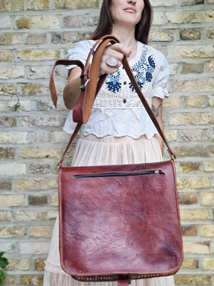 Studded Moroccan Leather Crossbody Bag: Vintage Festival Messenger