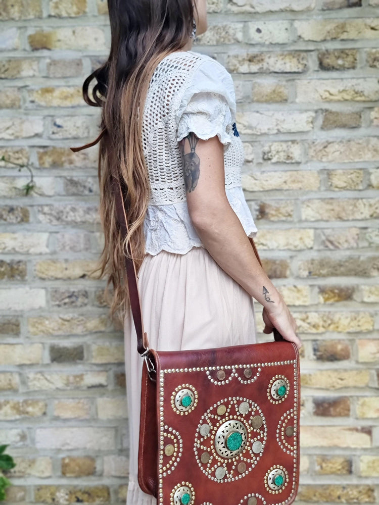 Studded Moroccan Leather Crossbody Bag: Vintage Festival Messenger