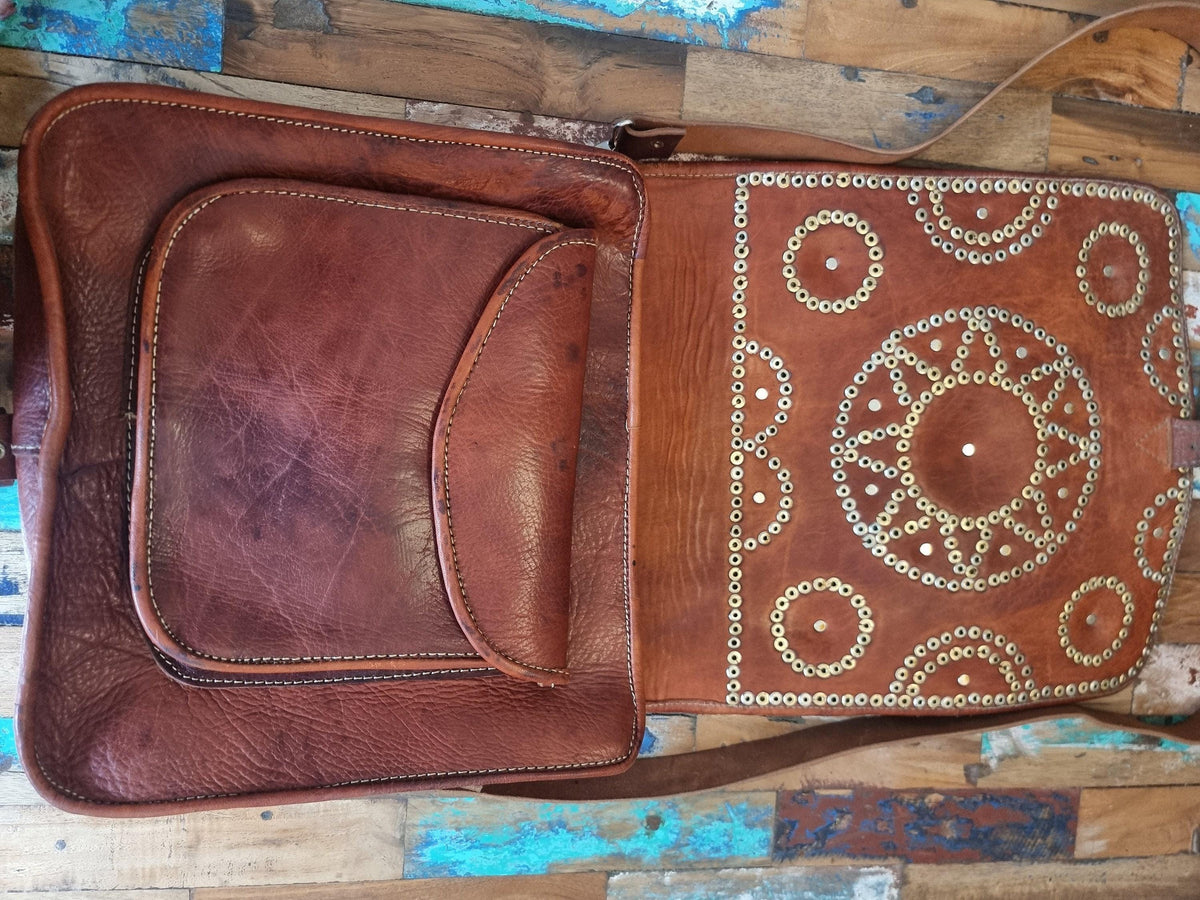 Studded Moroccan Leather Crossbody Bag: Vintage Festival Messenger