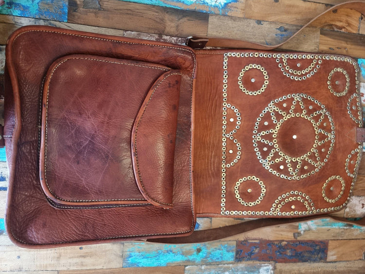 Studded Moroccan Leather Crossbody Bag: Vintage Festival Messenger