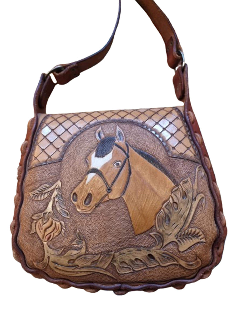 Vintage Tooled Leather Horse Purse, Floral Rose Western Saddle Bag