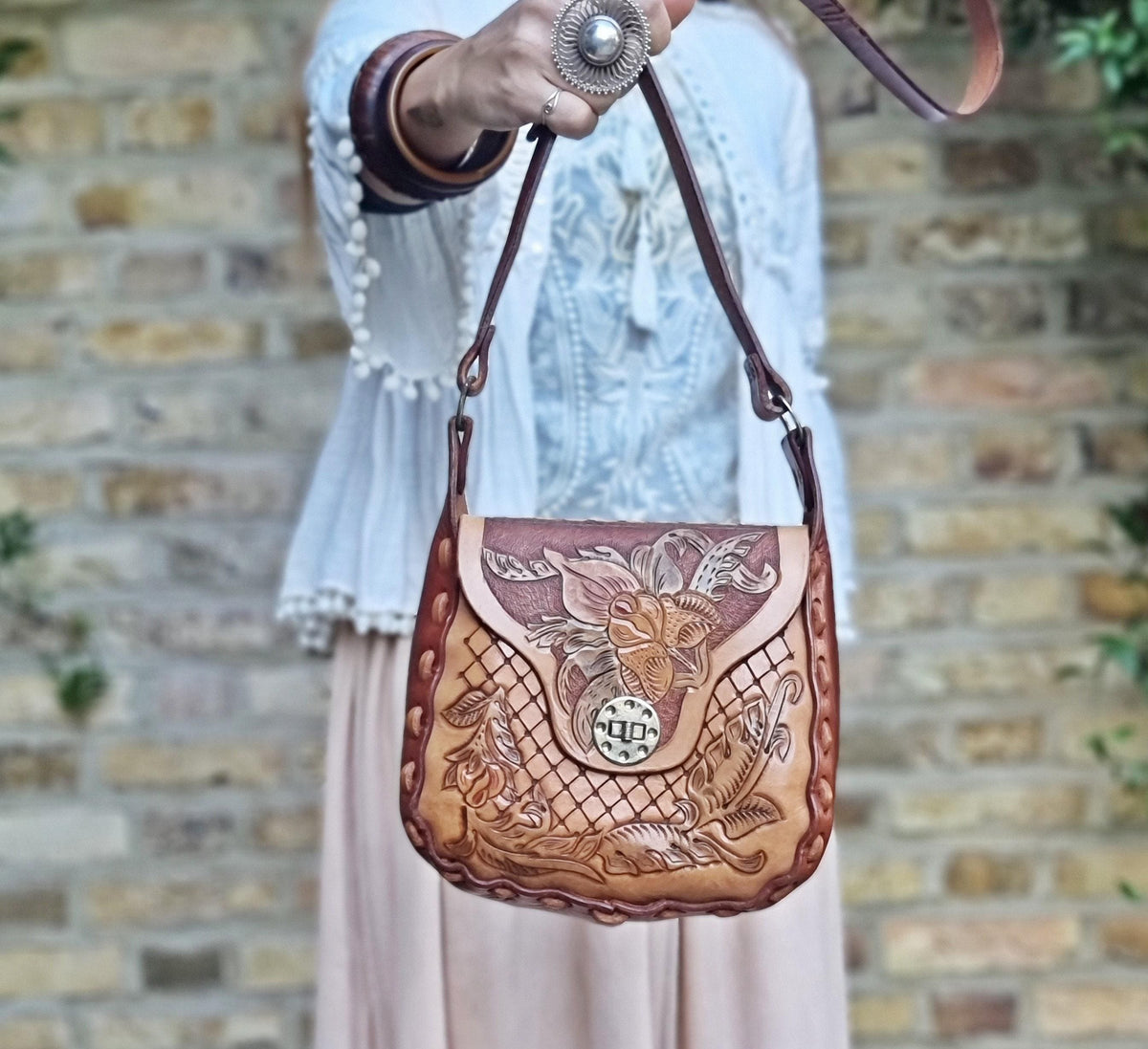 Vintage Tooled Leather Horse Purse, Floral Rose Western Saddle Bag