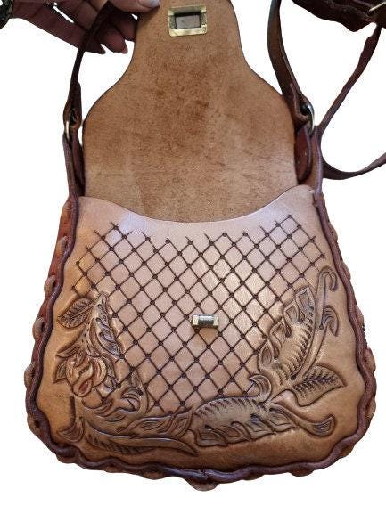Vintage Tooled Leather Horse Purse, Floral Rose Western Saddle Bag
