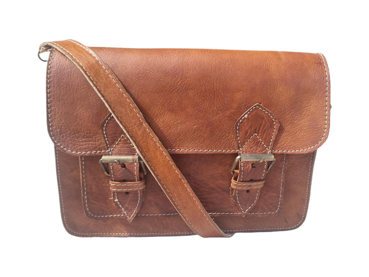 1970s Leather Messenger Bag: Tan Brown Boho Crossbody Satchel