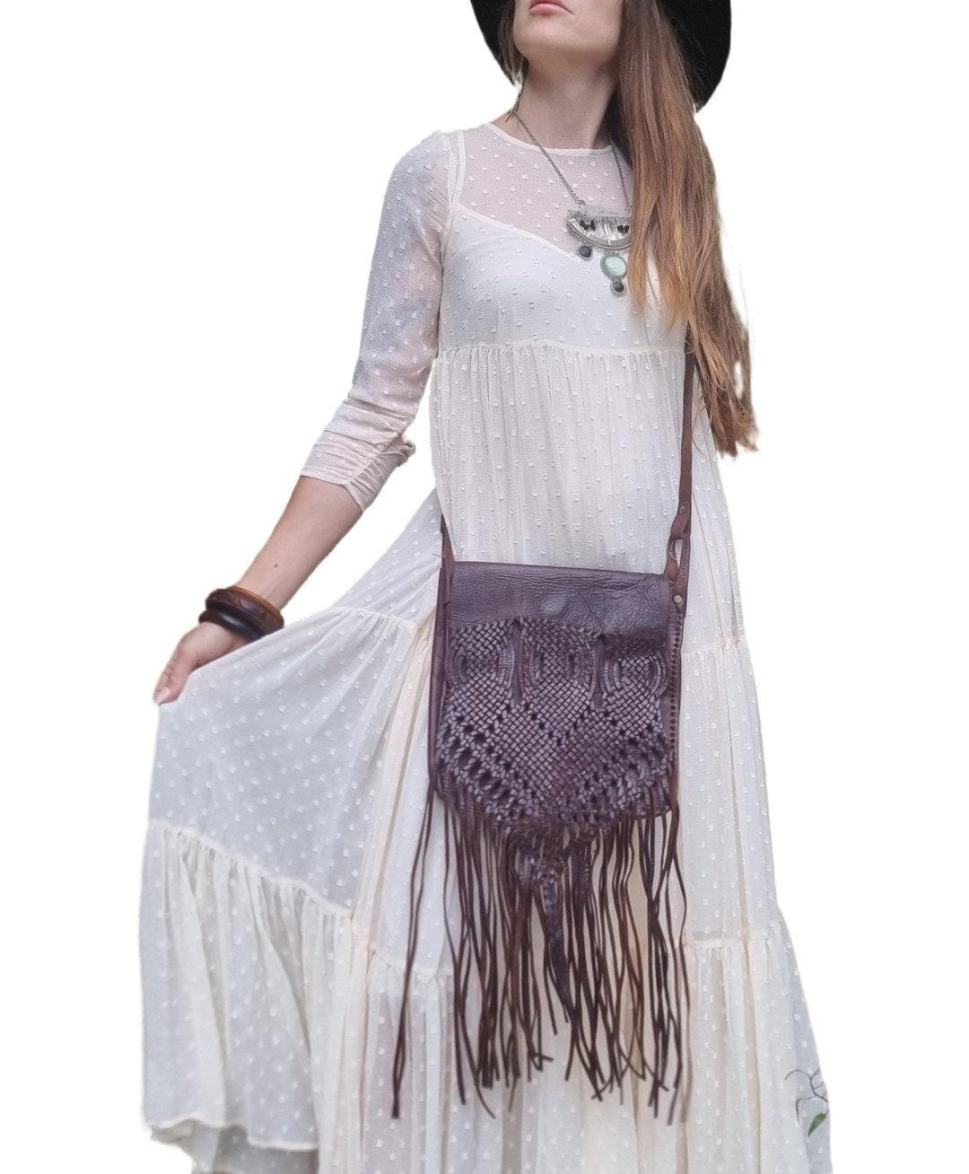 Vintage Braided Leather Bag, Dark Brown Western Crossbody Purse, Heart Leather Handbag, Boho Hippie Fringe Bag, Rustic Shoulder Bag