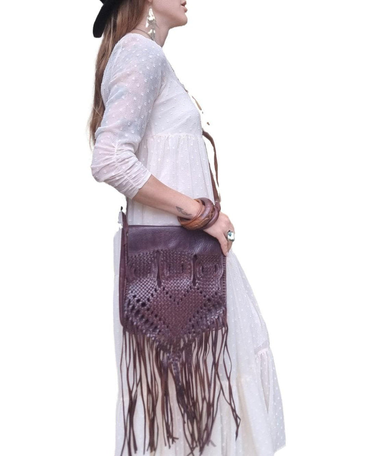 Vintage Braided Leather Bag, Dark Brown Western Crossbody Purse, Heart Leather Handbag, Boho Hippie Fringe Bag, Rustic Shoulder Bag