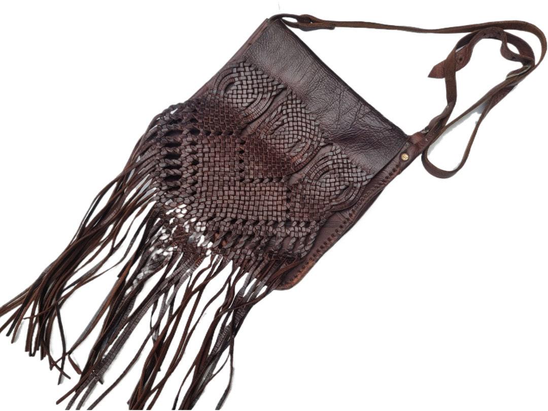Vintage Braided Leather Bag, Dark Brown Western Crossbody Purse, Heart Leather Handbag, Boho Hippie Fringe Bag, Rustic Shoulder Bag