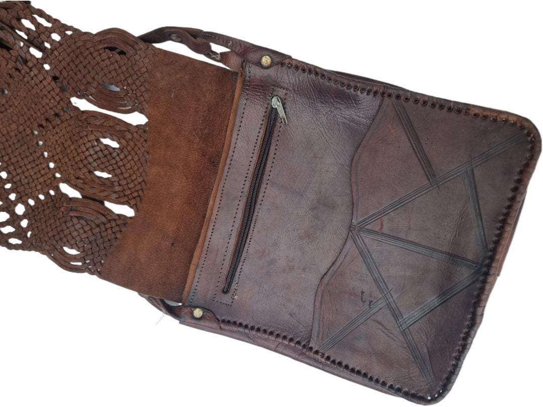 Vintage Braided Leather Bag, Dark Brown Western Crossbody Purse, Heart Leather Handbag, Boho Hippie Fringe Bag, Rustic Shoulder Bag