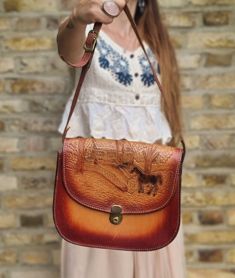 Vintage Tooled Leather Western Bag: Horse Design Cowgirl Purse