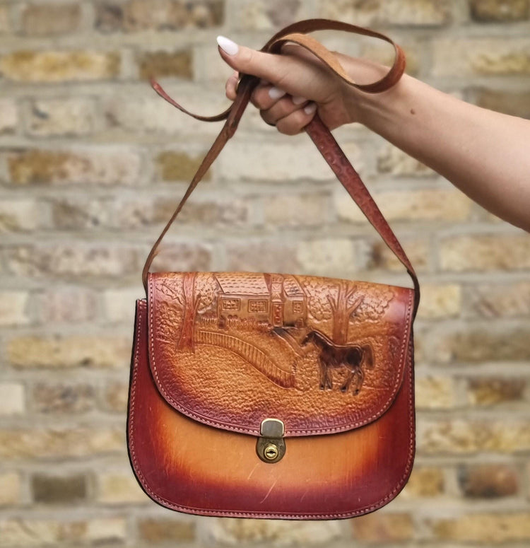 Vintage Tooled Leather Western Bag: Horse Design Cowgirl Purse