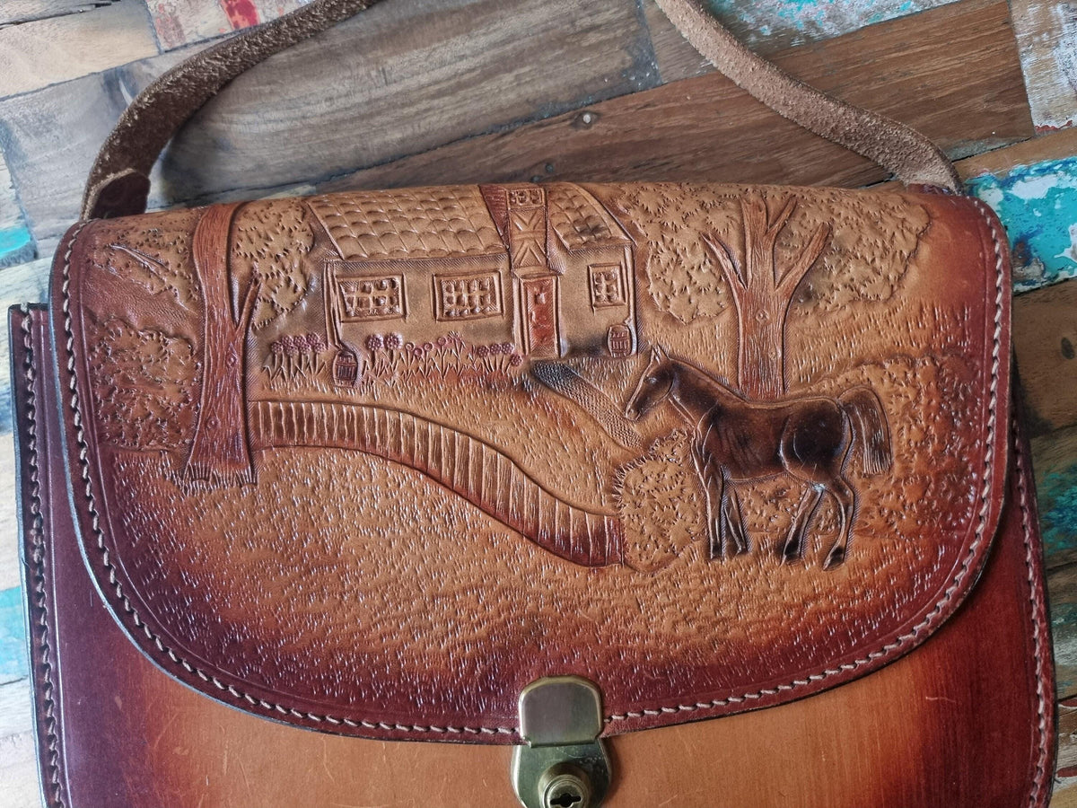 Vintage Tooled Leather Western Bag: Horse Design Cowgirl Purse