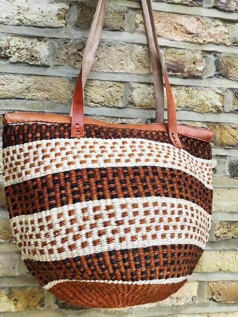 Large Woven Sisal Bucket Bag | African Leather Shopper | Boho Hippie Market Bag | Kenya Basket | Summer Beach Tote | Ethnic Handbag