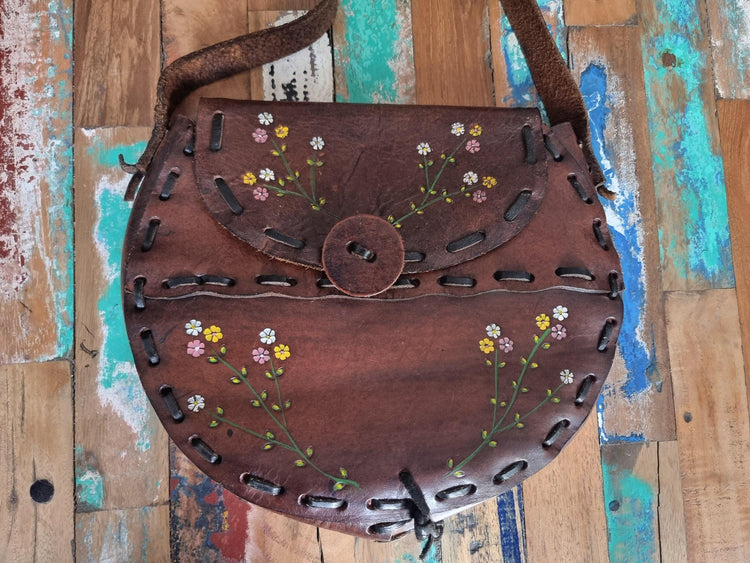 Vintage 70s Tooled Leather Saddle Bag: Embossed Floral Hippie Purse