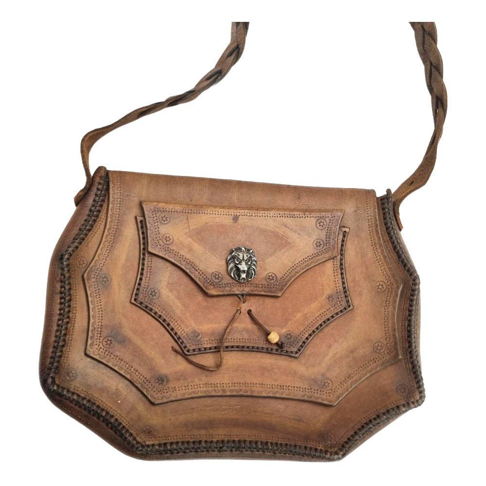 Vintage Tooled Leather Satchel: Embossed Lion, Braided Boho Bag