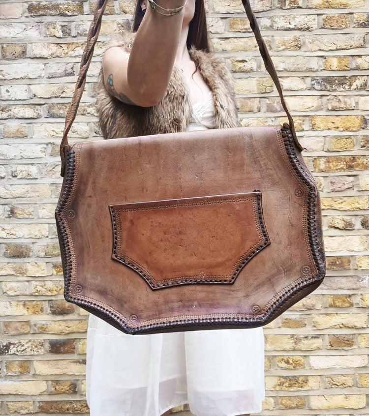 Vintage Tooled Leather Satchel: Embossed Lion, Braided Boho Bag