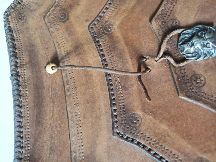Vintage Tooled Leather Satchel: Embossed Lion, Braided Boho Bag