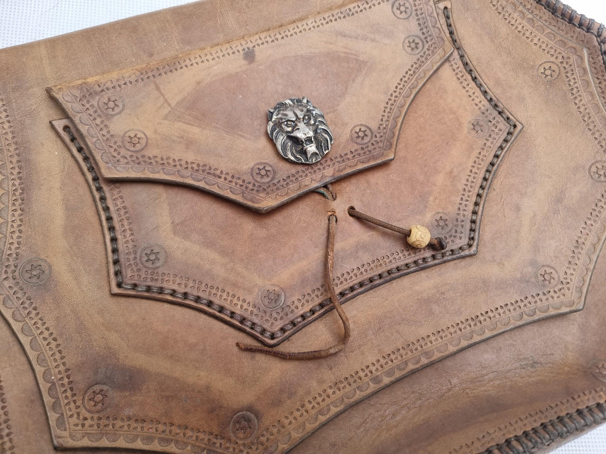 Vintage Tooled Leather Satchel: Embossed Lion, Braided Boho Bag