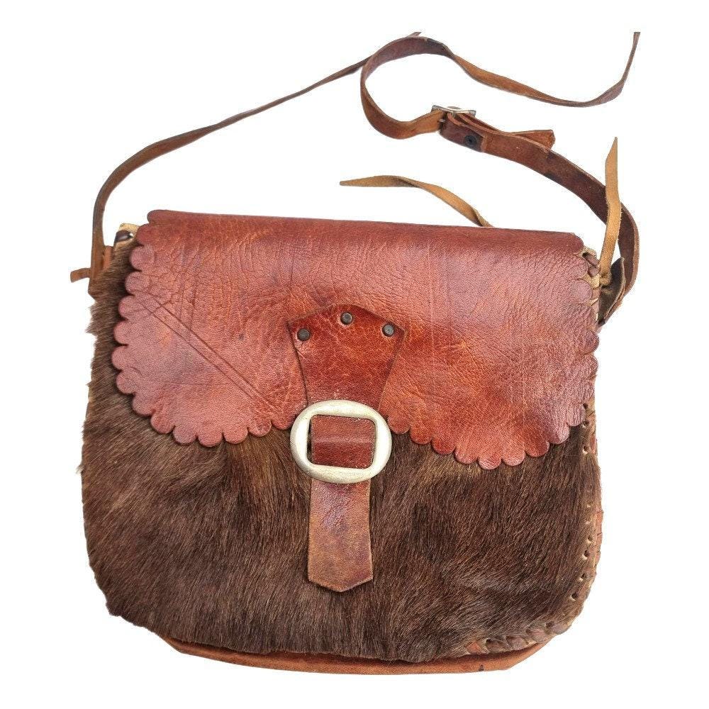 1970s Boho Leather Satchel: Vintage Western Hippie Bag with Goat Fur