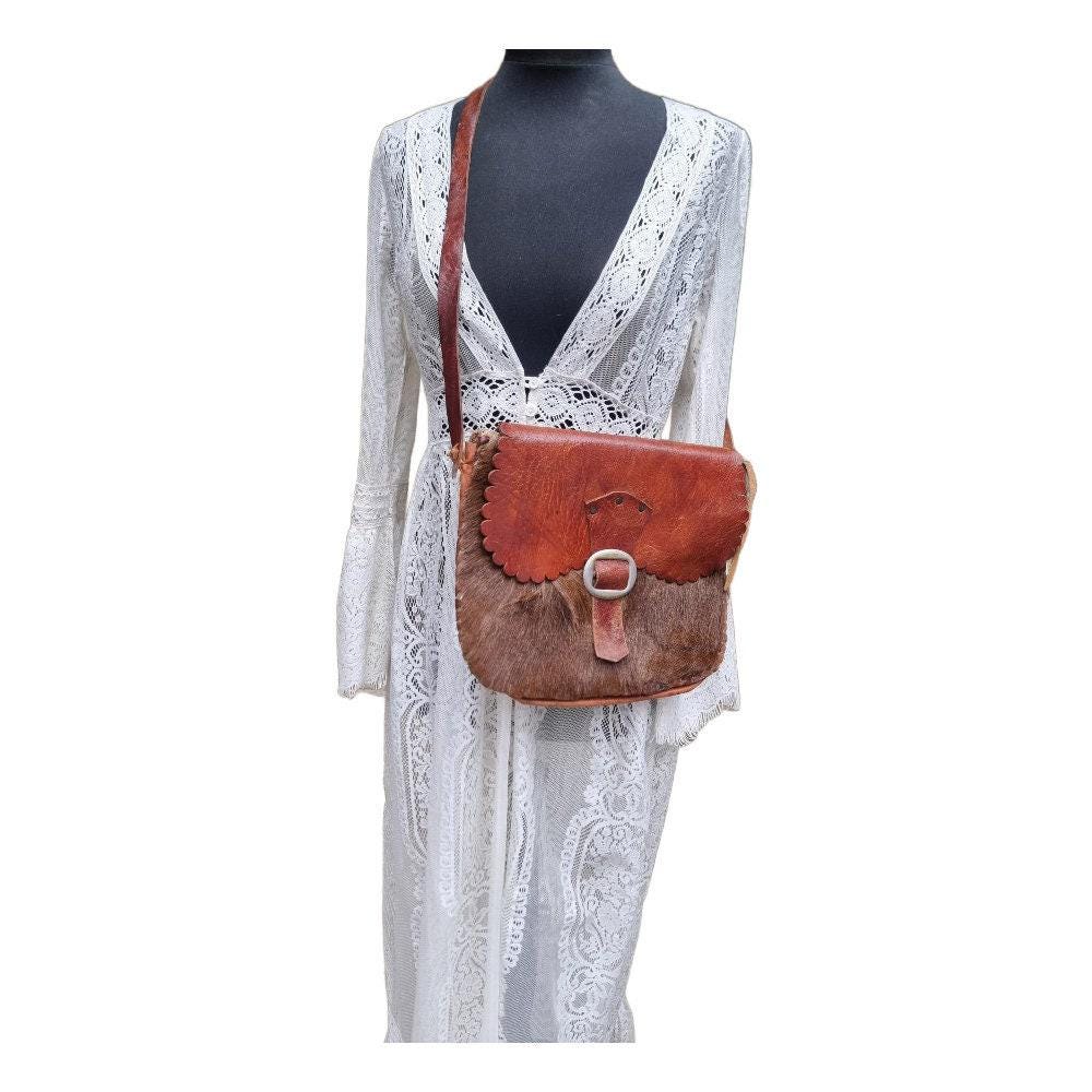 1970s Boho Leather Satchel: Vintage Western Hippie Bag with Goat Fur