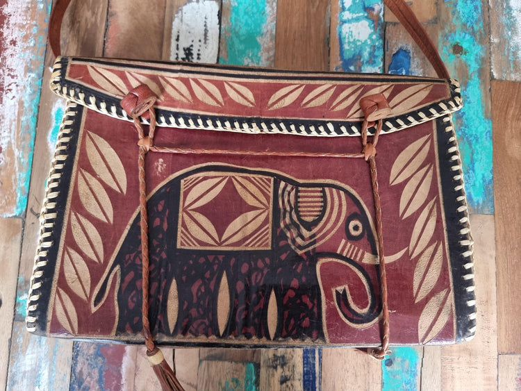 Unique African Elephant Leather Bag | Tooled Tribal Purse | Ethnic Crossbody Tote | Boho Safari Handbag | Vintage Leather Satchel