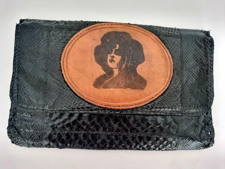 Art Nouveau Snake Leather Clutch Bag | Vintage Victorian Lady Hand Painted Purse | Gothic Boho Evening Bag | Unique Handmade Leather Bag