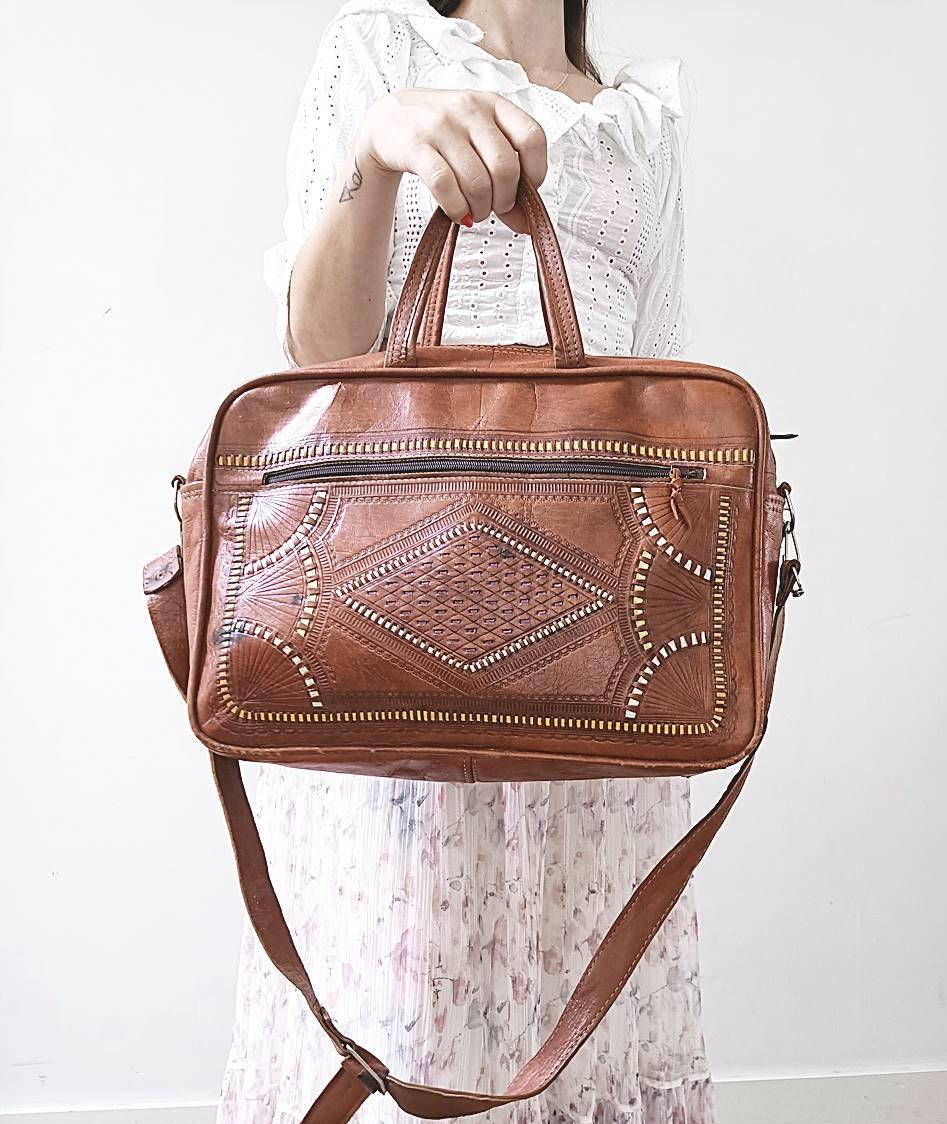 Moroccan Leather Holdall Bag Embroidered Weekender Boho Travel Bag Unisex Hippie Overnight Shoulder Bag