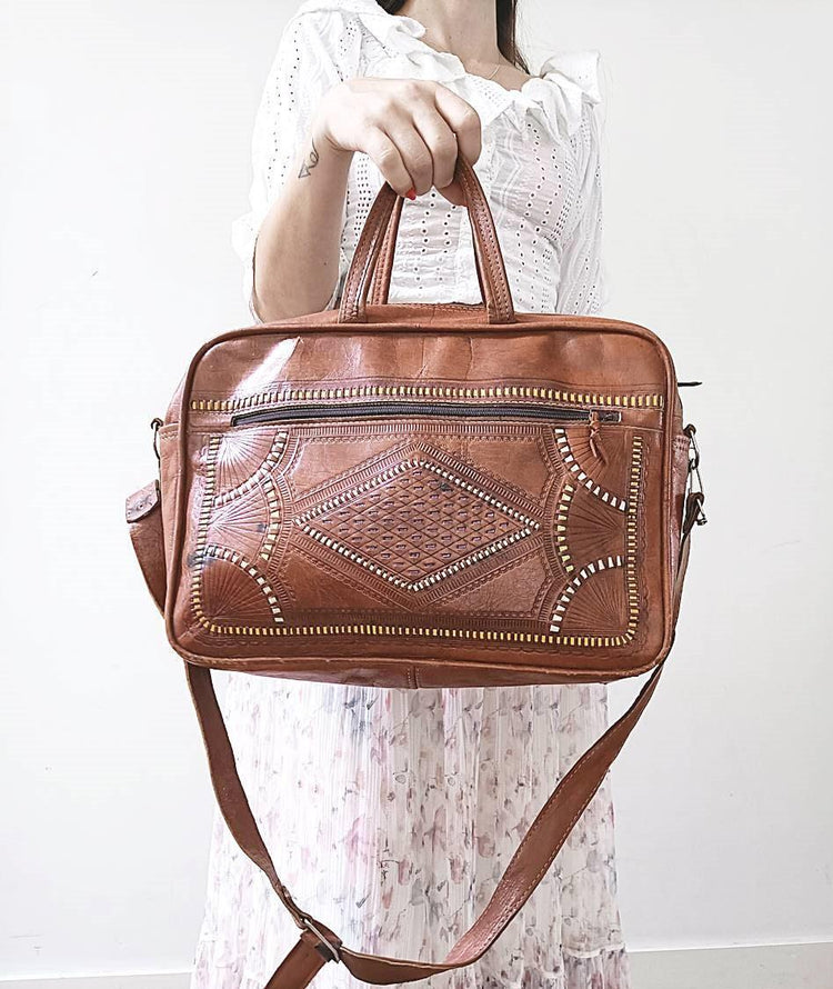 Moroccan Leather Holdall Bag Embroidered Weekender Boho Travel Bag Unisex Hippie Overnight Shoulder Bag