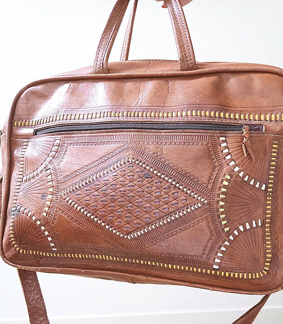 Moroccan Leather Holdall Bag Embroidered Weekender Boho Travel Bag Unisex Hippie Overnight Shoulder Bag