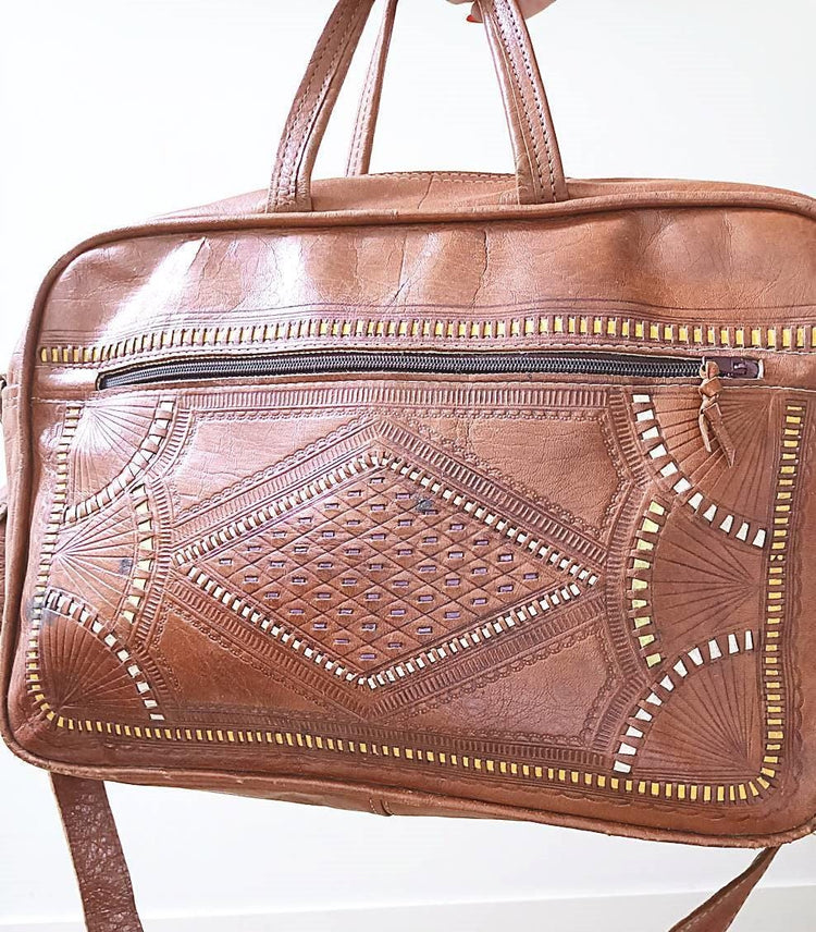 Moroccan Leather Holdall Bag Embroidered Weekender Boho Travel Bag Unisex Hippie Overnight Shoulder Bag