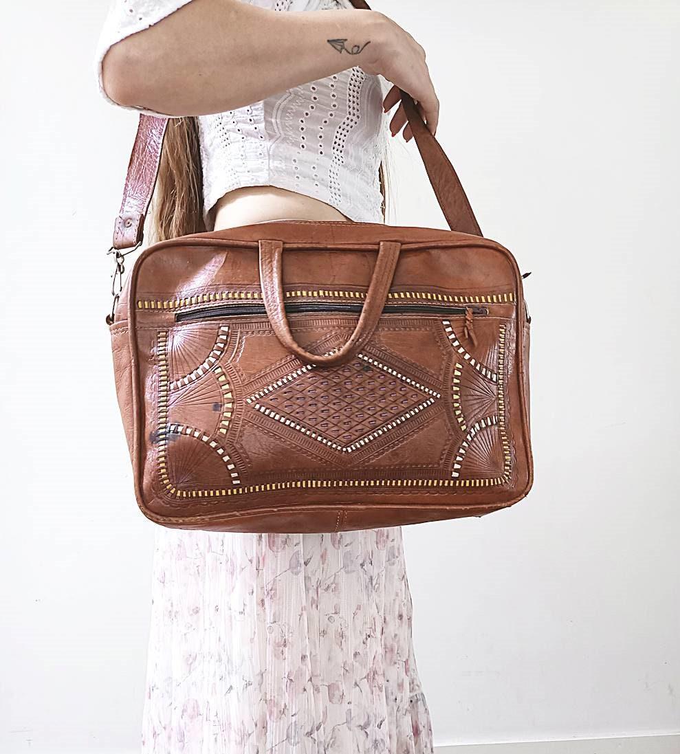Moroccan Leather Holdall Bag Embroidered Weekender Boho Travel Bag Unisex Hippie Overnight Shoulder Bag