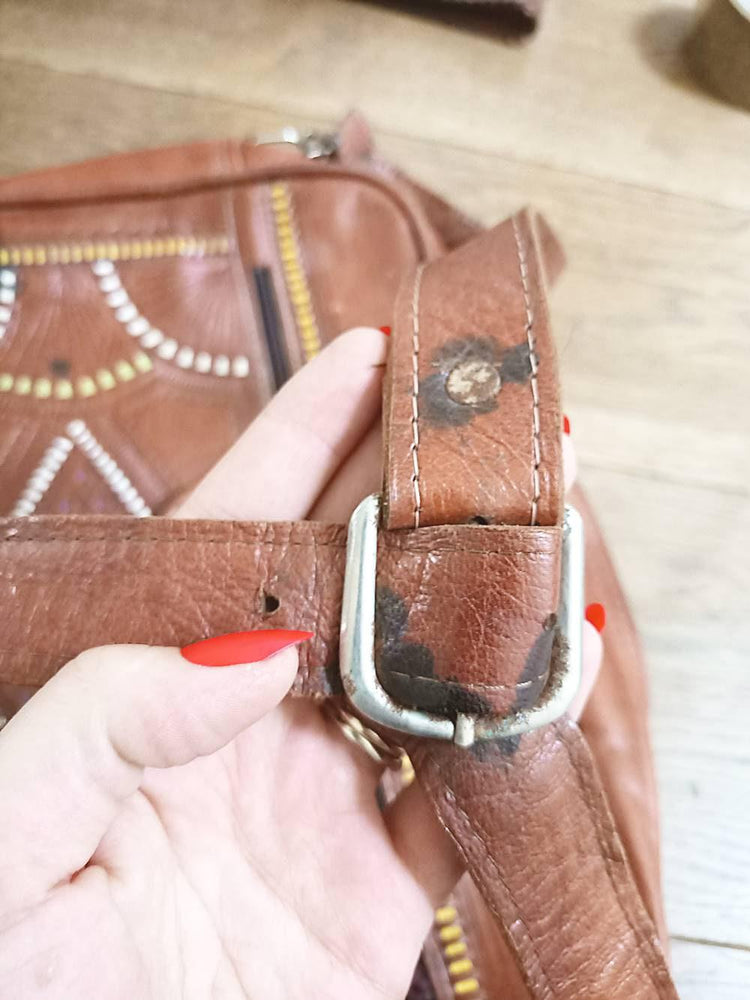 Moroccan Leather Holdall Bag Embroidered Weekender Boho Travel Bag Unisex Hippie Overnight Shoulder Bag