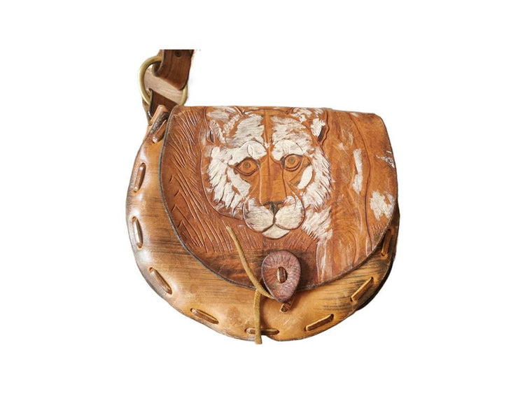 Vintage Lion Leather Bag, Hand Tooled Safari Purse, African Leather Shoulder Bag, Boho Western Handbag, Handmade Lion Head Satchel