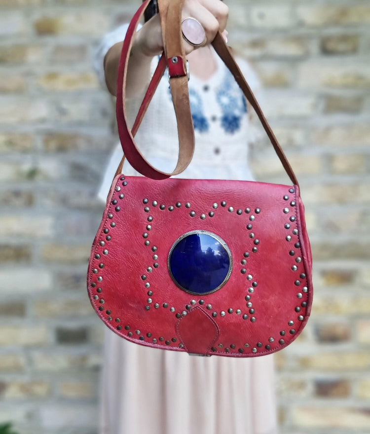 Studded moroccan leather bag with blue stone - gypsy coin purse - ethnic african crafts - medium size saddle bag