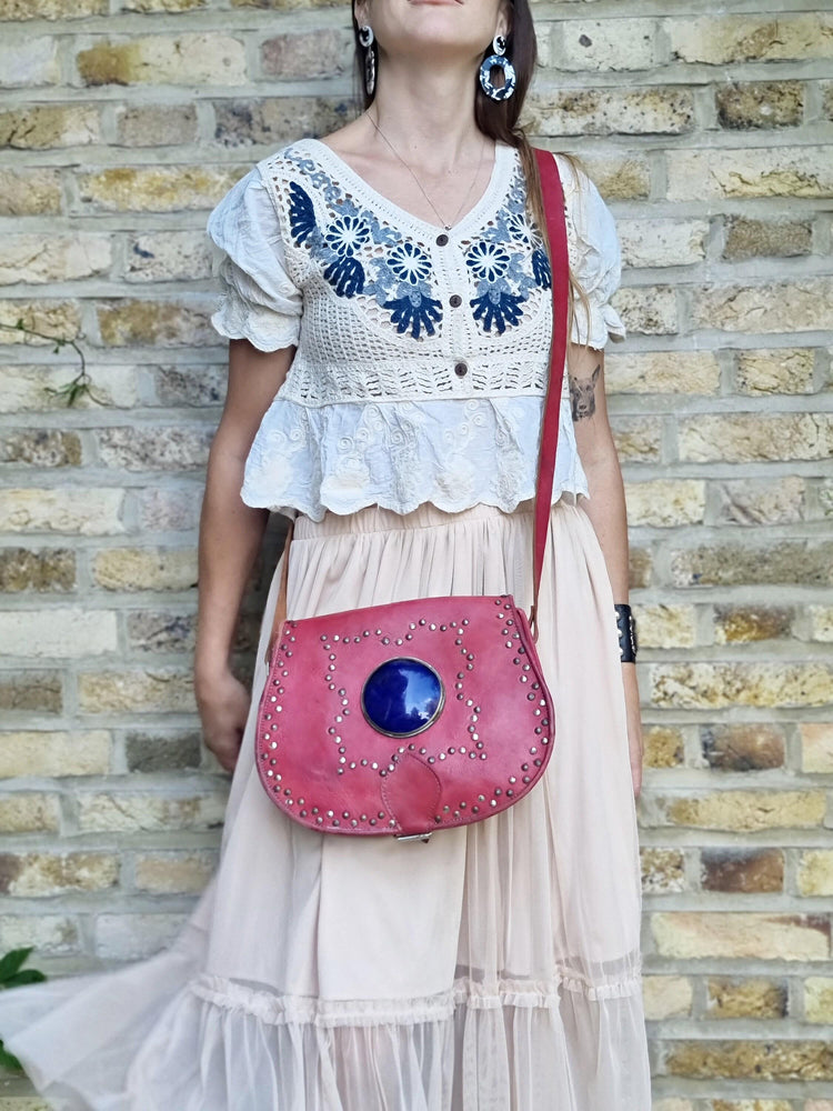 Studded moroccan leather bag with blue stone - gypsy coin purse - ethnic african crafts - medium size saddle bag