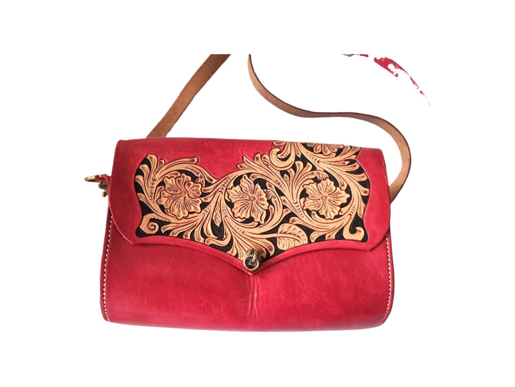 Red hand tooled leather crossbody bag | floral vintage boho purse | small festival shoulder bag