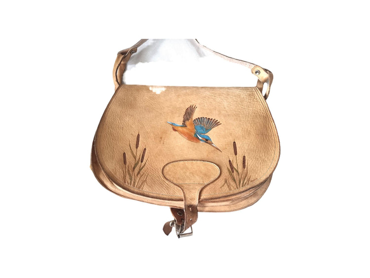Hand-Painted Kingfisher Leather Crossbody Bag: Vintage Bird Purse