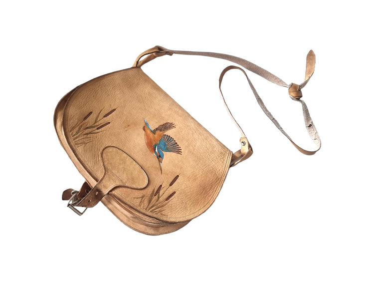 Hand-Painted Kingfisher Leather Crossbody Bag: Vintage Bird Purse