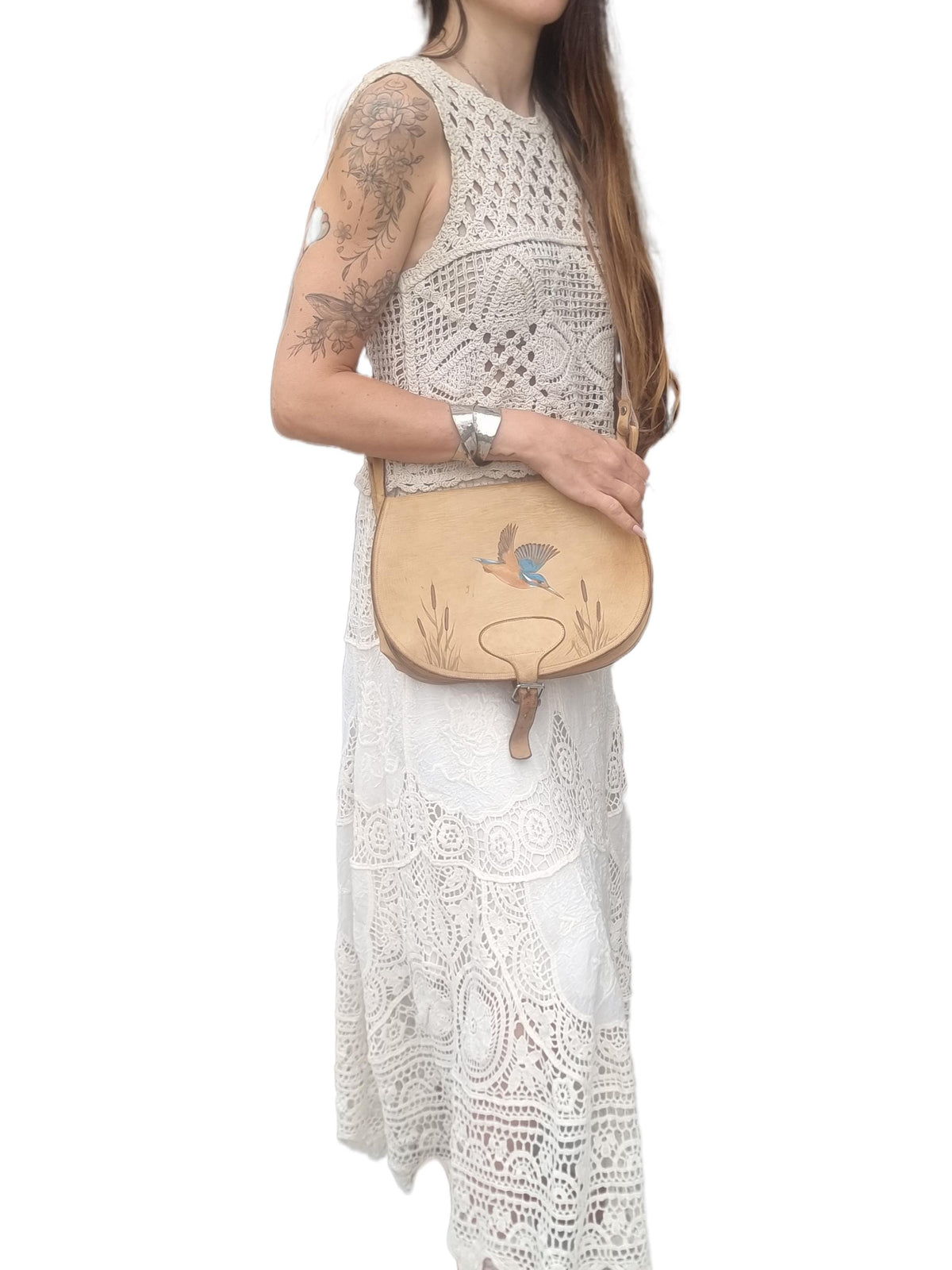 Hand-Painted Kingfisher Leather Crossbody Bag: Vintage Bird Purse