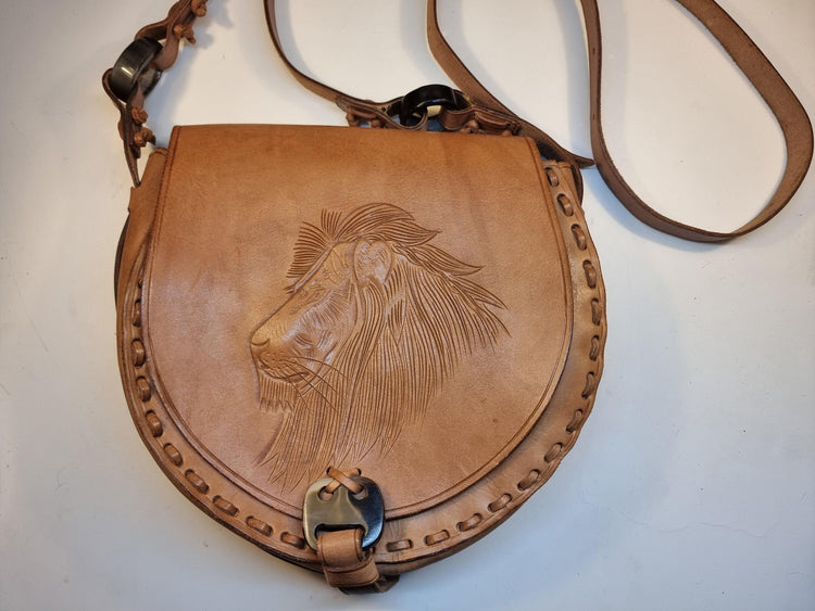 Vintage Lion Leather Bag, Hand Tooled Safari Crossbody Purse, African Western Shoulder Bag, Boho Leather Handbag, Lion Lover Gift