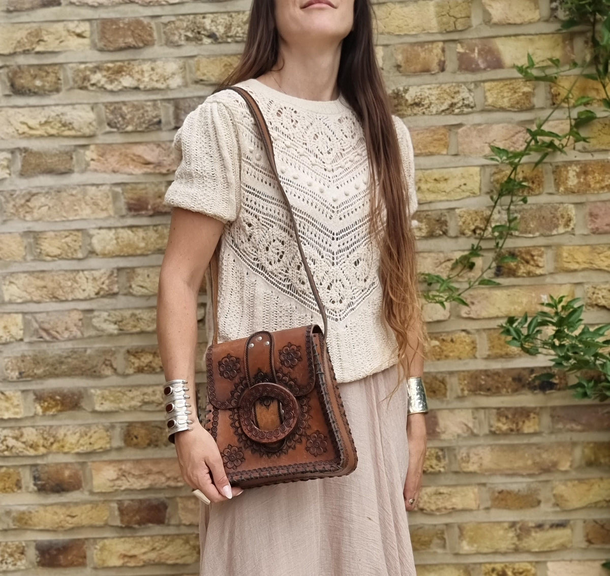 Vintage Tooled Leather Western Purse, Floral Leather Shoulder Bag, Boho Cowgirl Handbag, Hippie Festival Bag, Genuine Leather