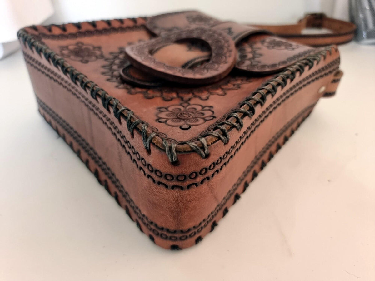 Vintage Tooled Leather Western Purse, Floral Leather Shoulder Bag, Boho Cowgirl Handbag, Hippie Festival Bag, Genuine Leather