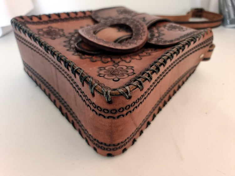 Vintage Tooled Leather Western Purse, Floral Leather Shoulder Bag, Boho Cowgirl Handbag, Hippie Festival Bag, Genuine Leather