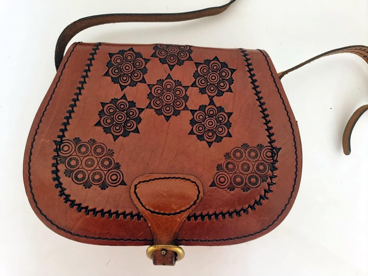 Unique 70s style tooled leather bag - hand-embossed boho shoulder purse - women festival bag