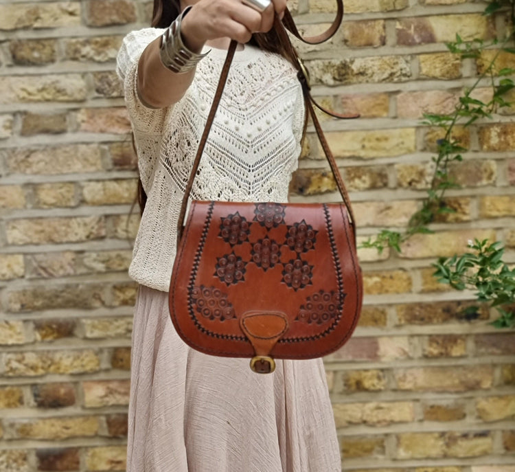 Unique 70s style tooled leather bag - hand-embossed boho shoulder purse - women festival bag