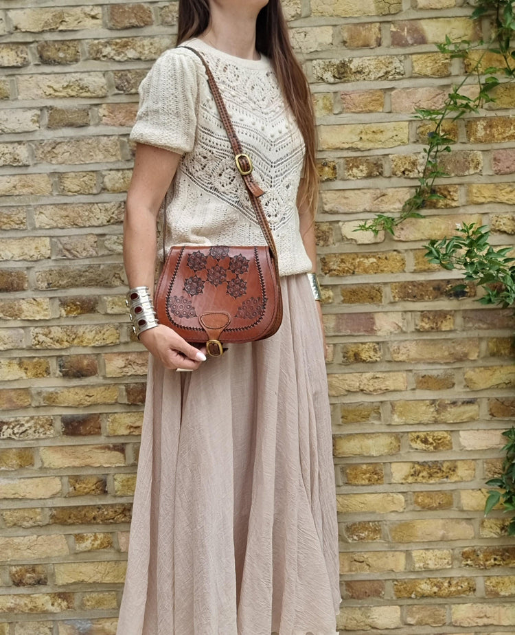 Unique 70s style tooled leather bag - hand-embossed boho shoulder purse - women festival bag