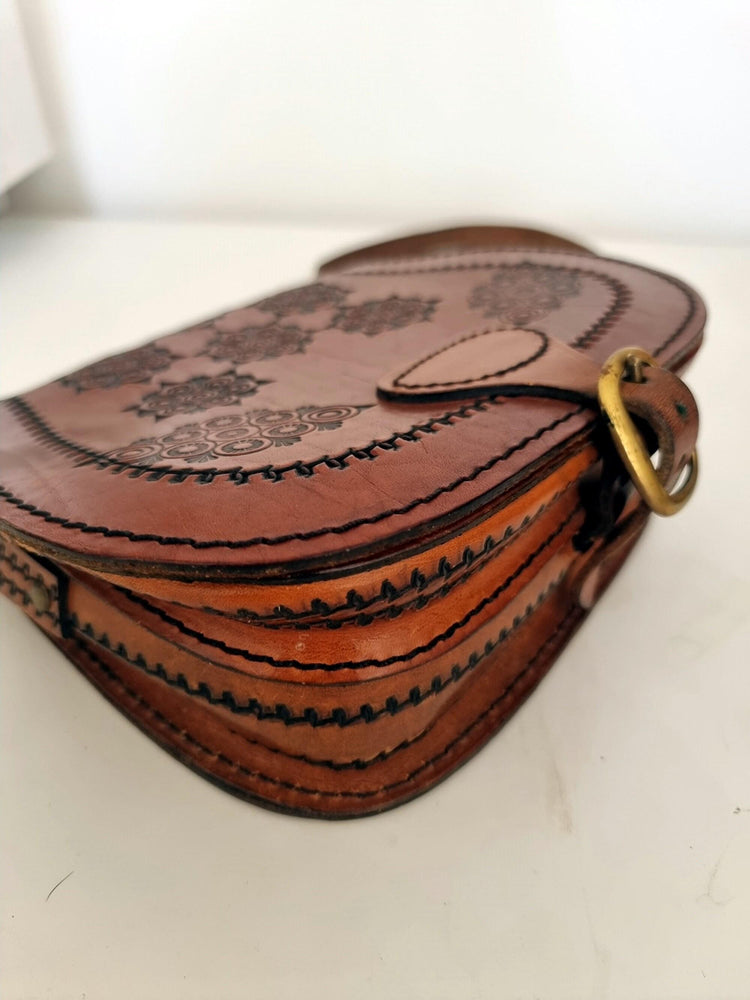 Unique 70s style tooled leather bag - hand-embossed boho shoulder purse - women festival bag