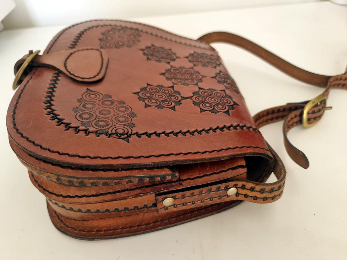 Unique 70s style tooled leather bag - hand-embossed boho shoulder purse - women festival bag
