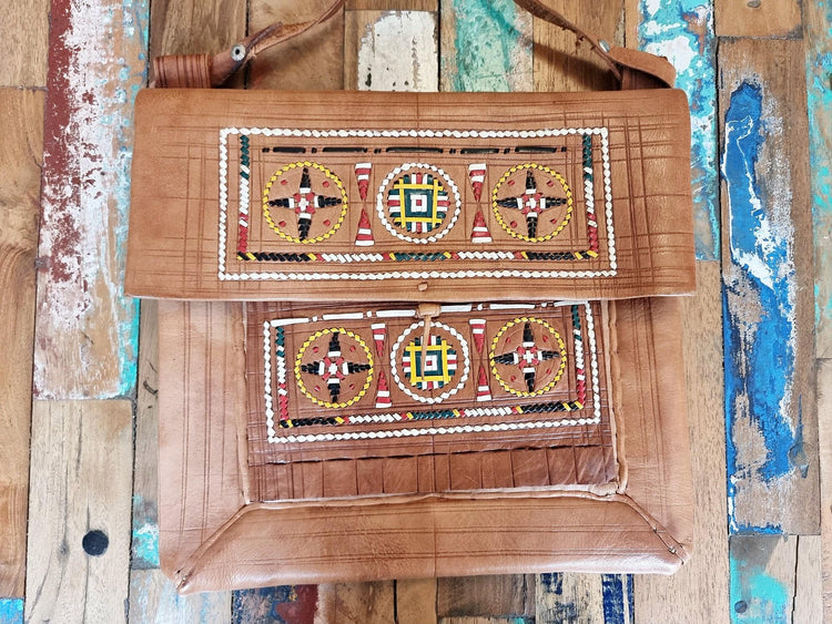 Vintage Moroccan Berber Leather Bag, Handmade Boho Crossbody Purse, Tribal Embroidered Hippie Satchel, Authentic Berber Shoulder Bag