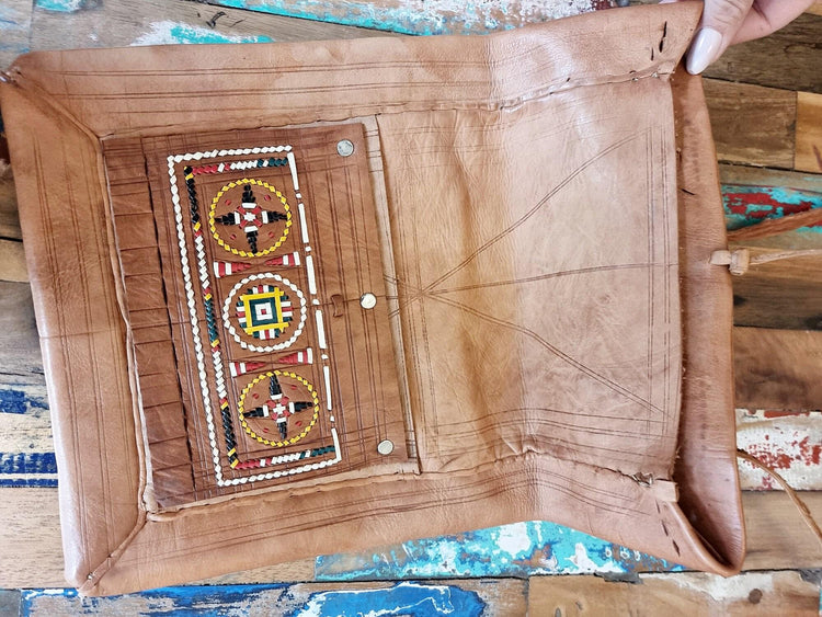 Vintage Moroccan Berber Leather Bag, Handmade Boho Crossbody Purse, Tribal Embroidered Hippie Satchel, Authentic Berber Shoulder Bag