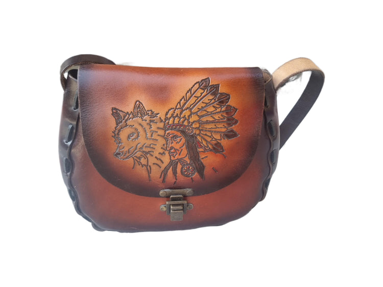 Native American Chief Wolf Leather Bag, Western Tooled Leather Purse, Boho Crossbody Satchel, Artisan Hippie Shoulder Bag